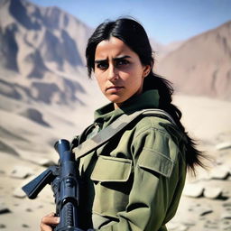 A 21-year-old Afghani girl soldier standing confidently in military uniform, holding a rifle