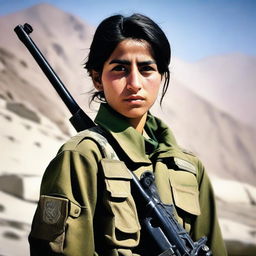 A 21-year-old Afghani girl soldier standing confidently in military uniform, holding a rifle