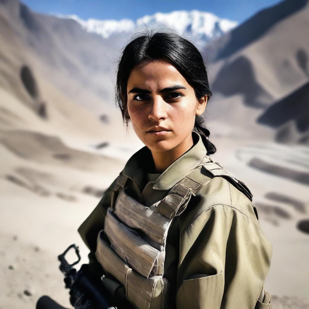 A 21-year-old Afghani girl soldier standing confidently in military uniform, holding a rifle