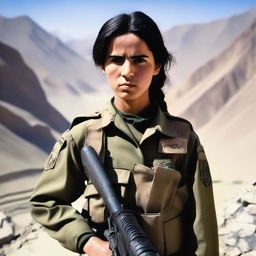 A 21-year-old Afghani girl soldier standing confidently in military uniform, holding a rifle