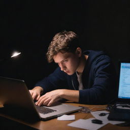 A young IT student, hunched over a cluttered desk under dim light, sweating and trying to write complex code regarding an operating system removal on his laptop.