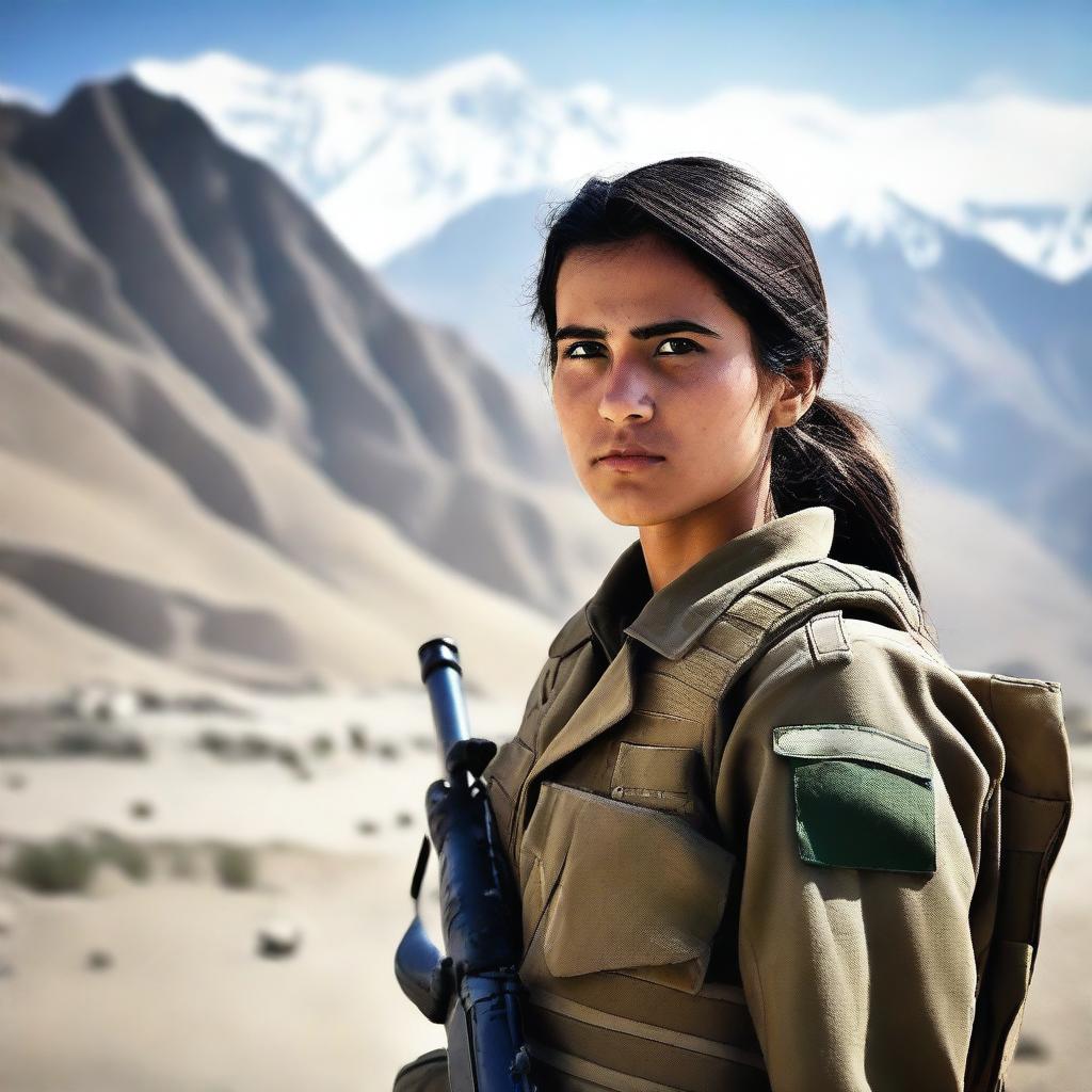 A 21-year-old adorable Afghani girl soldier standing confidently in military uniform, holding a rifle