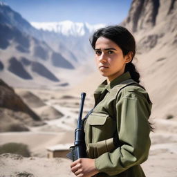 A 21-year-old adorable Afghani girl soldier standing confidently in military uniform, holding a rifle