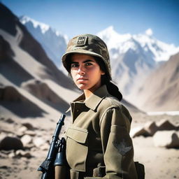 A 21-year-old adorable Afghani girl soldier standing confidently in military uniform, holding a rifle