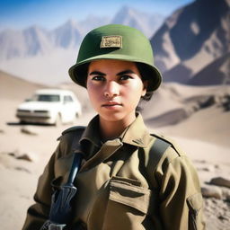 A 21-year-old adorable Afghani girl soldier standing confidently in military uniform, holding a rifle