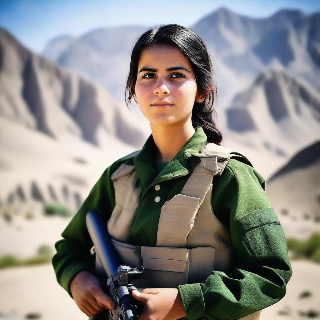 A 21-year-old adorable Afghani girl soldier standing confidently in military uniform, holding a rifle