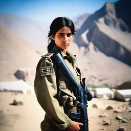 A 21-year-old adorable Afghani girl soldier standing confidently in military uniform, holding a rifle