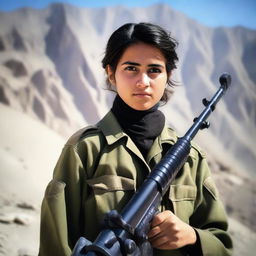 A 21-year-old adorable Afghani girl soldier standing confidently in military uniform, holding a rifle