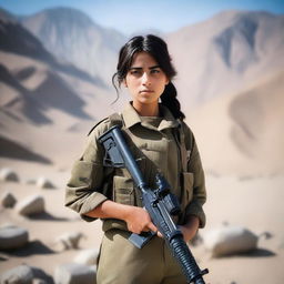 A 21-year-old adorable Afghani girl soldier standing confidently in military uniform, holding a rifle