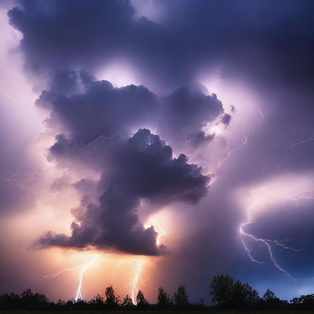 Create an image of clouds during a big storm with rays of lightning