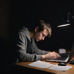 A young IT student, hunched over a cluttered desk under dim light, sweating and trying to write complex code regarding an operating system removal on his laptop.