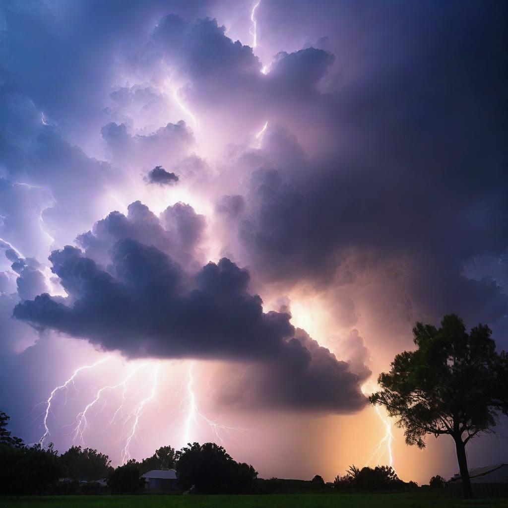 Create an image of clouds during a big storm with rays of lightning