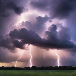 Create an image of clouds during a big storm with rays of lightning