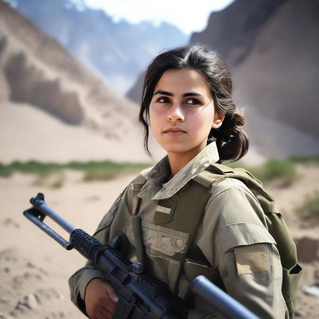 A 21-year-old adorable Afghani-Canadian girl soldier standing confidently in military uniform, holding a rifle