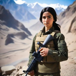 A 21-year-old adorable Afghani-Canadian girl soldier standing confidently in military uniform, holding a rifle