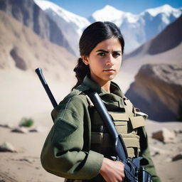 A 21-year-old adorable Afghani-Canadian girl soldier standing confidently in military uniform, holding a rifle