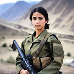 A 21-year-old adorable Afghani-Canadian girl soldier standing confidently in military uniform, holding a rifle