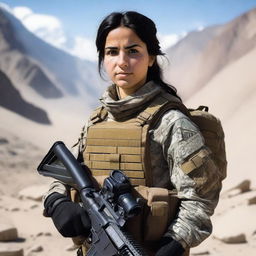 A 21-year-old adorable Afghani-Canadian girl special operations operator standing confidently in tactical gear, holding advanced military equipment