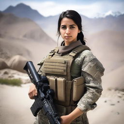 A 21-year-old adorable Afghani-Canadian girl special operations operator standing confidently in tactical gear, holding advanced military equipment