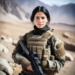 A 21-year-old adorable Afghani-Canadian girl special operations operator standing confidently in tactical gear, holding advanced military equipment