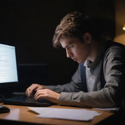 A young IT student, hunched over a cluttered desk under dim light, sweating and trying to write complex code regarding an operating system removal on his laptop.