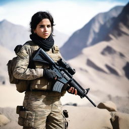 A 21-year-old adorable Afghani-Canadian girl special operations operator standing confidently in tactical gear, holding advanced military equipment