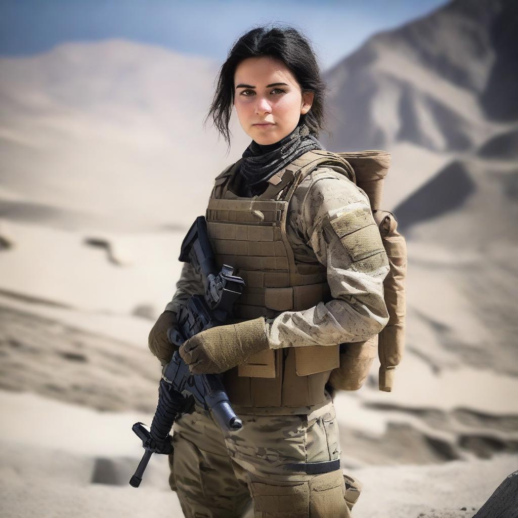 A 21-year-old attractive and adorable Afghani-Canadian girl special operations operator standing confidently in tactical gear, holding advanced military equipment