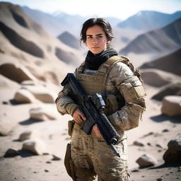 A 21-year-old attractive and adorable Afghani-Canadian girl special operations operator standing confidently in tactical gear, holding advanced military equipment