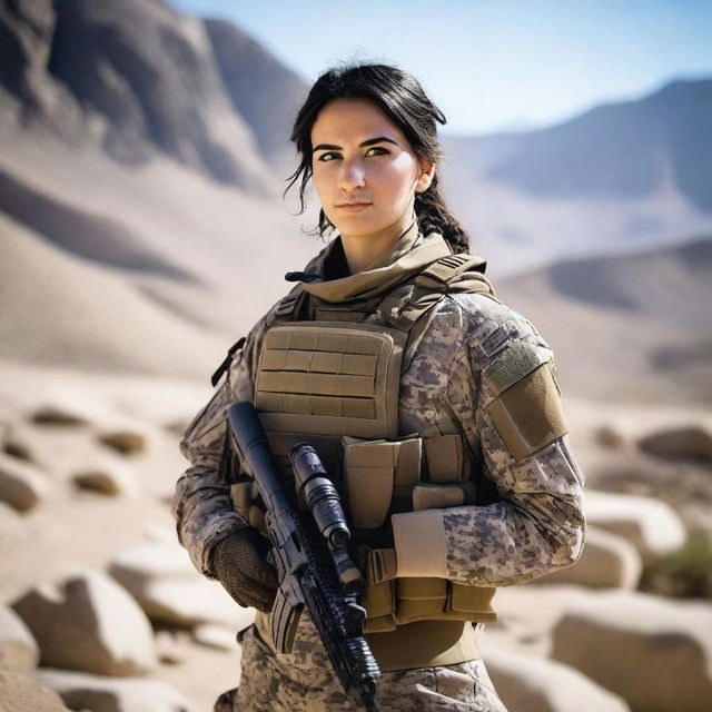 A 21-year-old attractive and adorable Afghani-Canadian girl special operations operator standing confidently in tactical gear, holding advanced military equipment