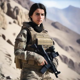 A 21-year-old attractive and adorable Afghani-Canadian girl special operations operator standing confidently in tactical gear, holding advanced military equipment