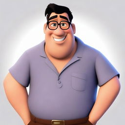 Create a Disney Pixar-style character who is a man with short black hair, thick black eyebrows, and glasses