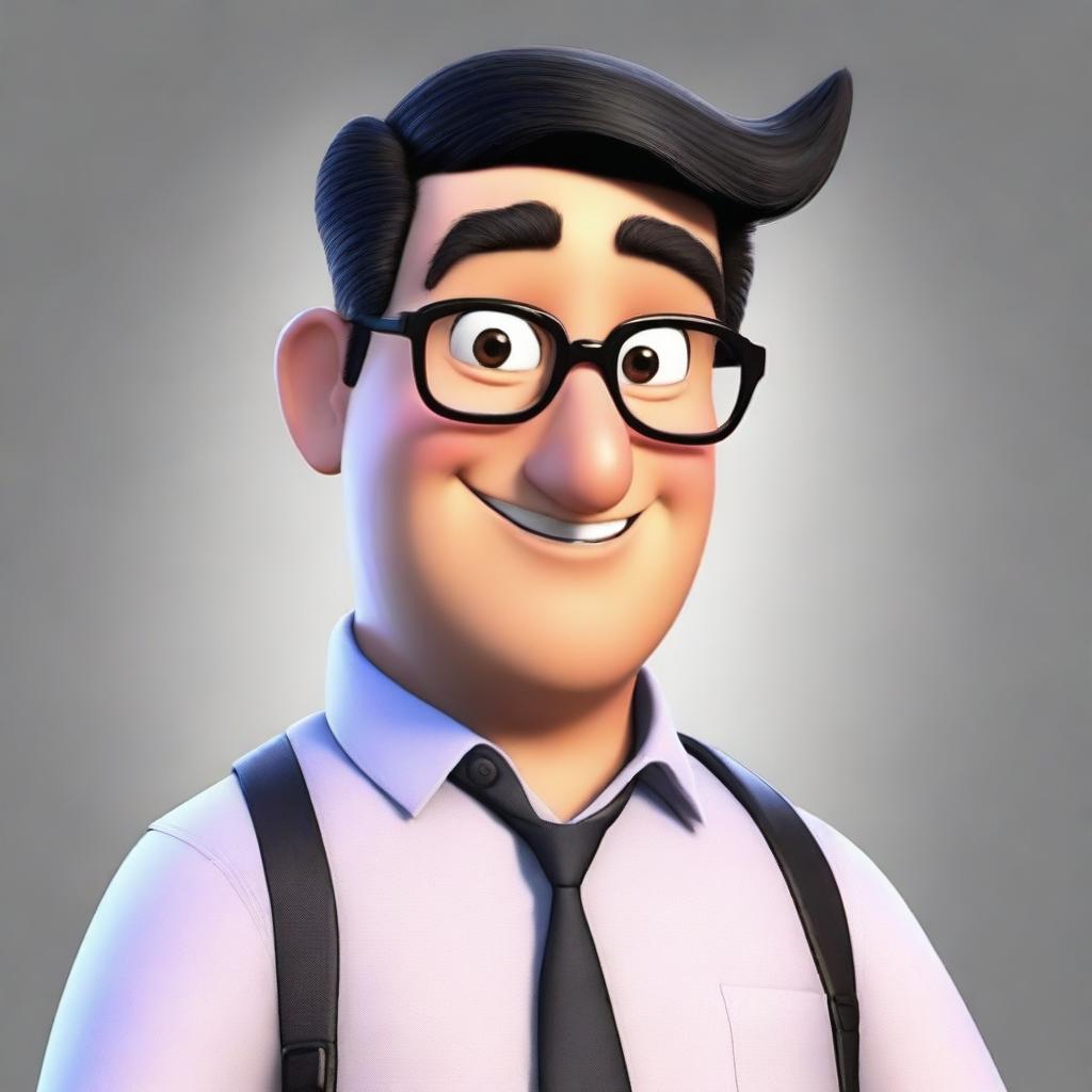 Create a Disney Pixar-style character who is a man with short black hair, thick black eyebrows, and glasses