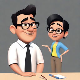 Create a Disney Pixar-style character who is a man with short black hair, thick black eyebrows, and glasses