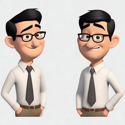 Create a Disney Pixar-style character who is a man with short black hair, thick black eyebrows, and glasses