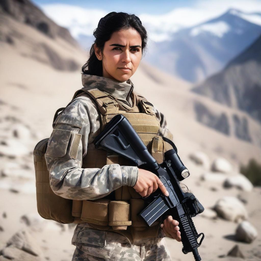 A 21-year-old attractive and adorable Afghani-Canadian girl special operations operator standing confidently in tactical gear, holding advanced military equipment