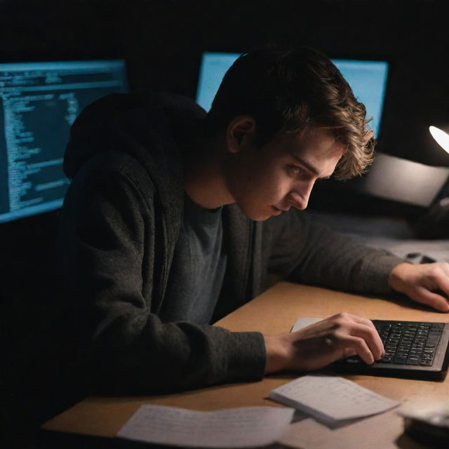 A young IT student, hunched over a cluttered desk under dim light, sweating and trying to write complex code regarding an operating system removal on his laptop.