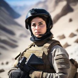 A 21-year-old attractive and adorable Afghani-Canadian girl special operations operator standing confidently in tactical gear, holding advanced military equipment