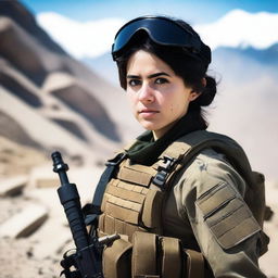 A 21-year-old attractive and adorable Afghani-Canadian girl special operations operator standing confidently in tactical gear, holding advanced military equipment