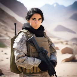 A 21-year-old attractive and adorable Afghani-Canadian girl special operations operator standing confidently in tactical gear, holding advanced military equipment