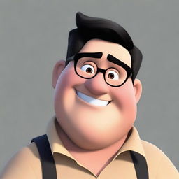 Generate an image of a Disney Pixar-style character who is a man with short black hair, thick black eyebrows, and glasses