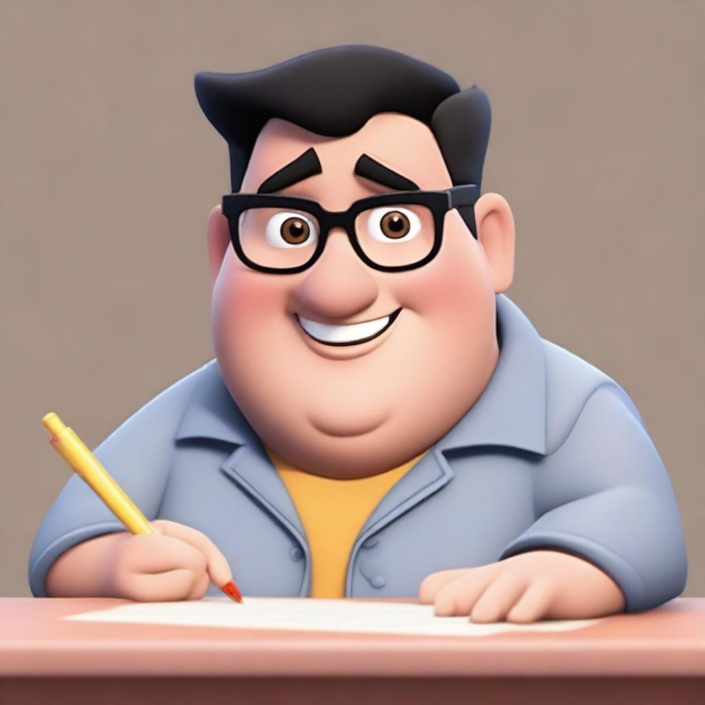 Generate an image of a Disney Pixar-style character who is a man with short black hair, thick black eyebrows, and glasses