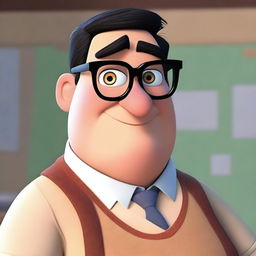 Generate an image of a Disney Pixar-style character who is a man with short black hair, thick black eyebrows, and glasses