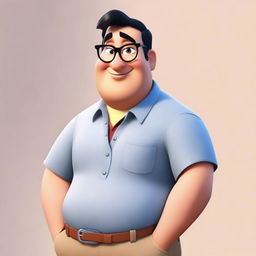 Generate an image of a Disney Pixar-style character who is a man with short black hair, thick black eyebrows, and glasses