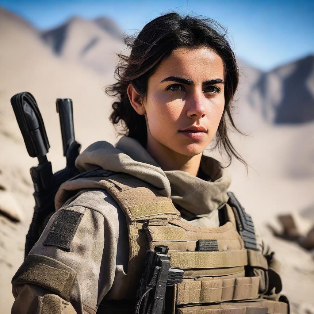 A 21-year-old attractive and adorable Afghani-Canadian girl Black Ops operator standing confidently in tactical gear, holding advanced military equipment