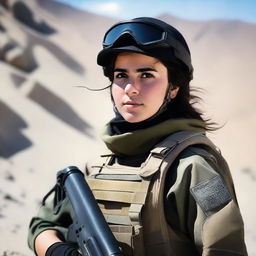 A 21-year-old attractive and adorable Afghani-Canadian girl Black Ops operator standing confidently in tactical gear, holding advanced military equipment