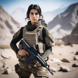 A 21-year-old attractive and adorable Afghani-Canadian girl Black Ops operator standing confidently in tactical gear, holding advanced military equipment