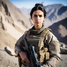 A 21-year-old attractive and adorable Afghani-Canadian girl Black Ops operator standing confidently in tactical gear, holding advanced military equipment