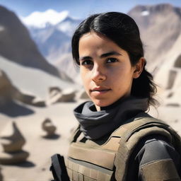 A 14-year-old Afghani-Canadian girl Black Ops operator standing confidently in tactical gear