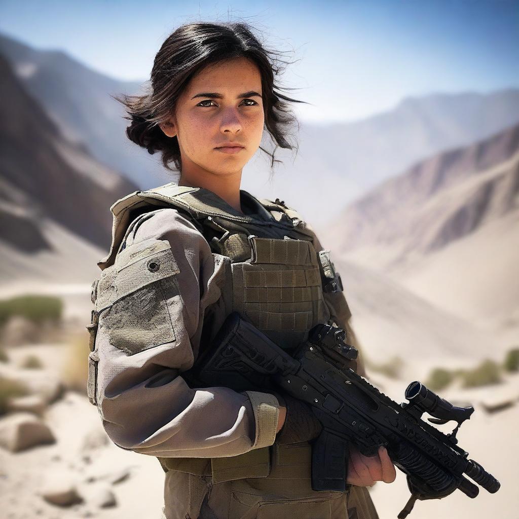 A 14-year-old Afghani-Canadian girl Black Ops operator standing confidently in tactical gear