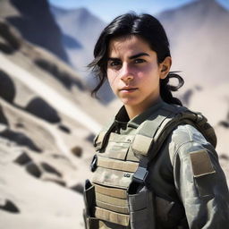 A 14-year-old Afghani-Canadian girl Black Ops operator standing confidently in tactical gear